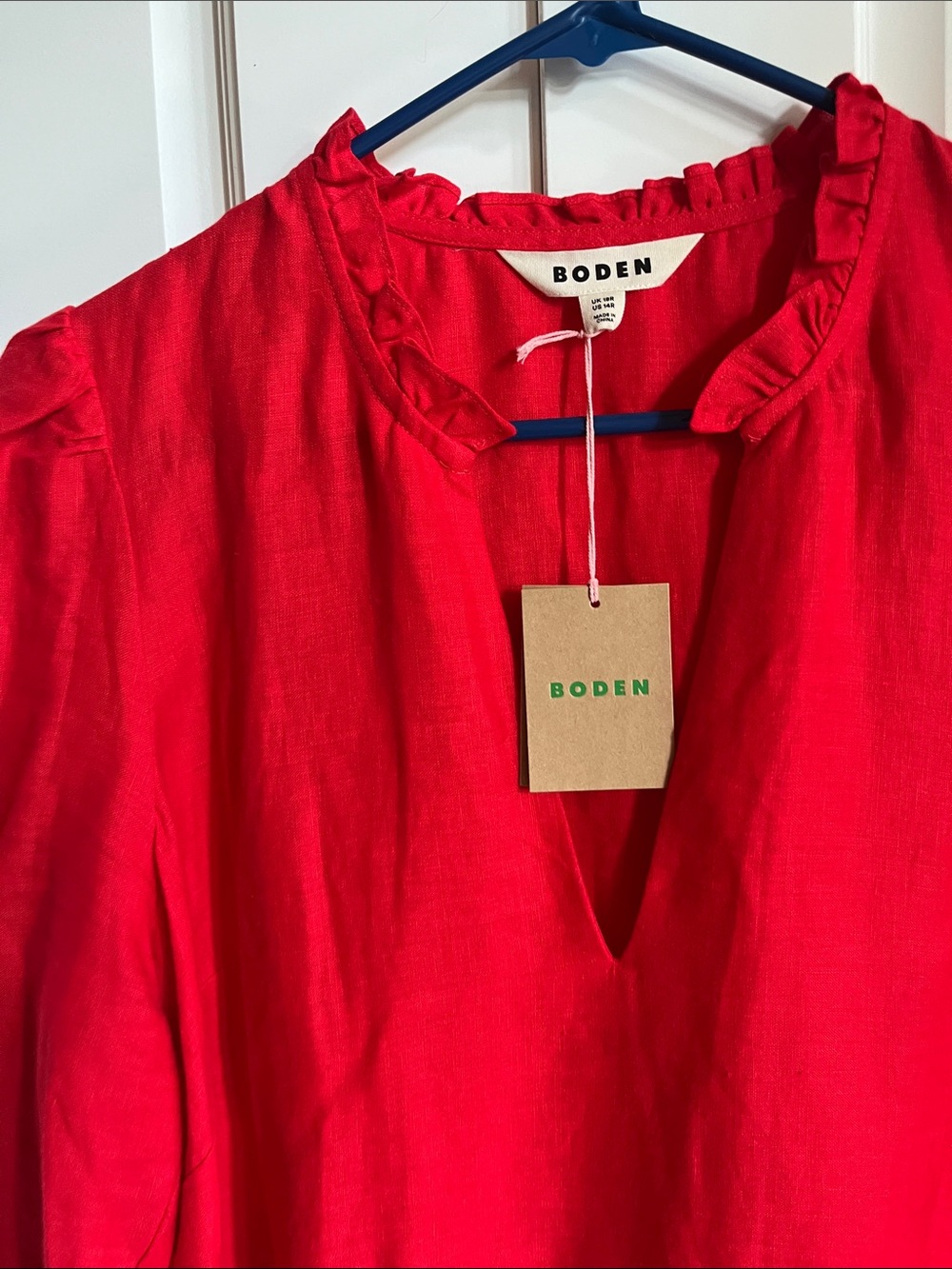 Boden Colorblock Ruffle-Neck Linen Dress in Red, Pink & Green - Picture 2 of 3